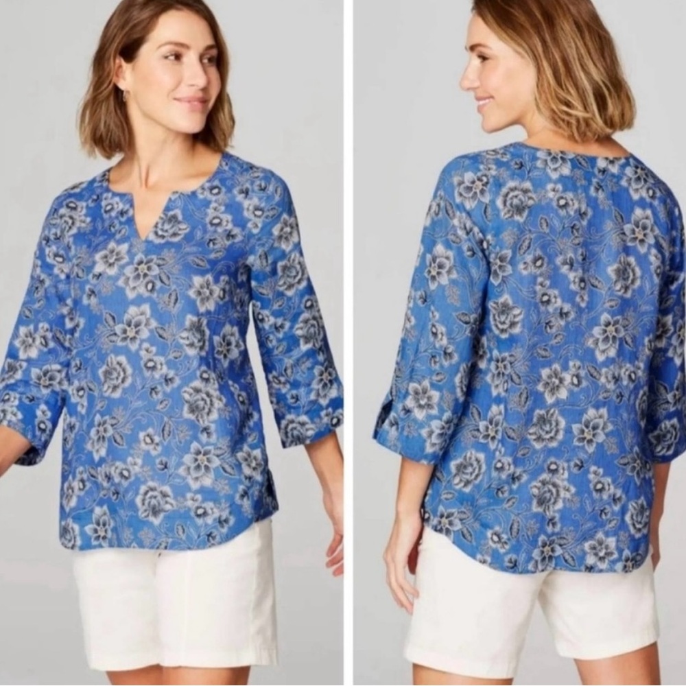 J. Jill Blue Floral Split-Neck Popover Blouse